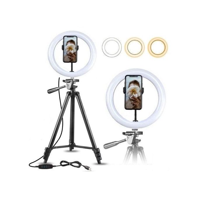 Ring Light 26cm + Trepied Noir Tripod Avec Support Téléphone 3 Modes de  Lumiere