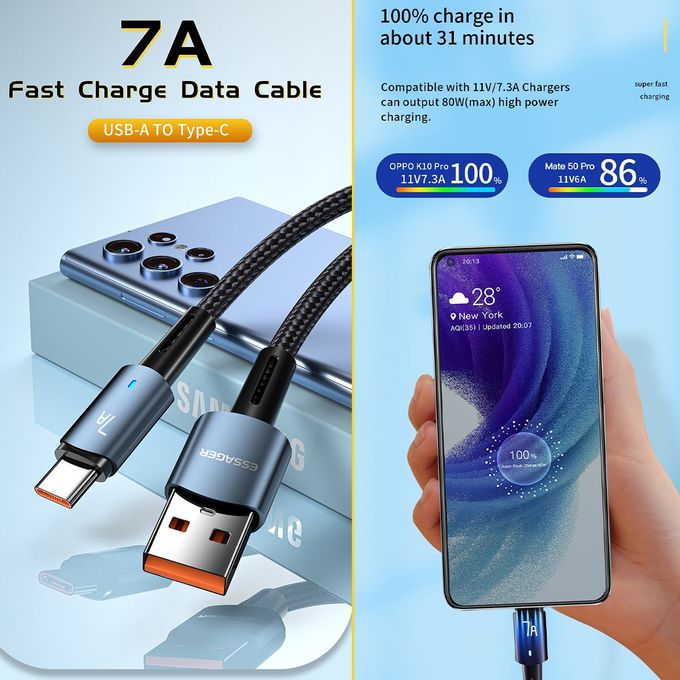 Essager Cable USB Type-C 7A PD pour téléphone, 100W, Charge Rapide,  données, 2 mètres à prix pas cher