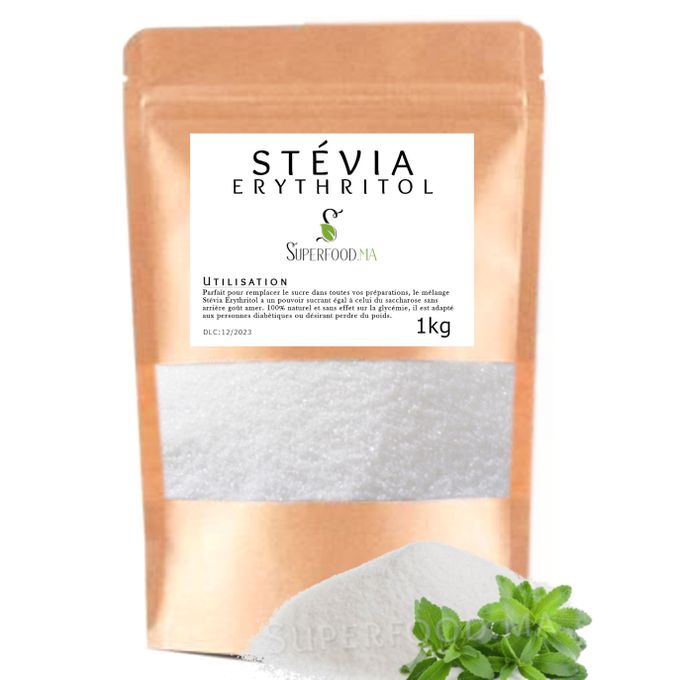 superfood.ma 1kg STEVIA ERYTHRITOL POUDRE 100% NATUREL. 0 CALORIE. CONVIENT  REGIME IG BAS / DIABETIQUE à prix pas cher