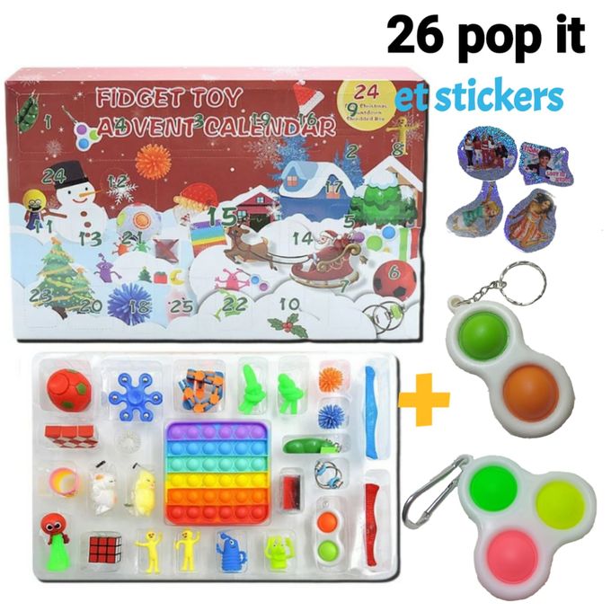 Pop It Pack de 24 pop fidget toy magnifique cadeau de noël avec 2 porte clé  pop et stickers à prix pas cher