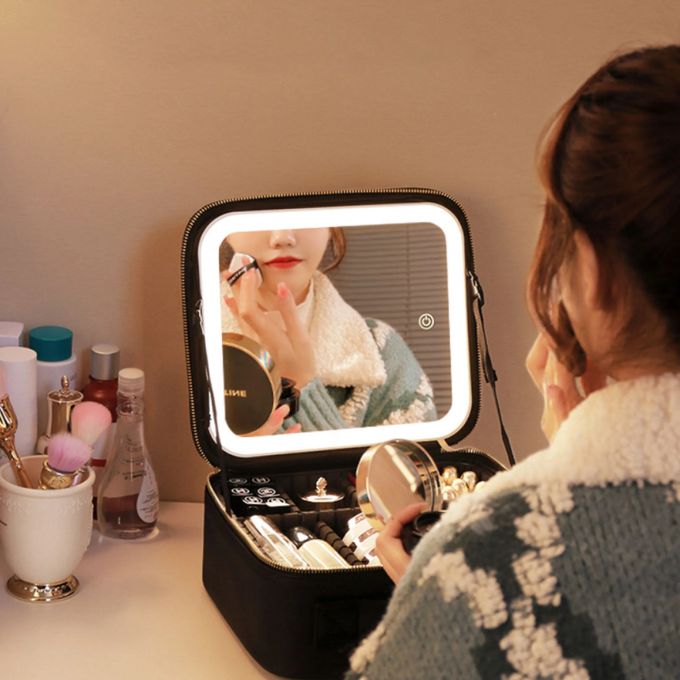 product_image_name-Generic-Trousse de maquillage LED avec miroir, organiseur de rangement, boîte de rangement cosmétique de voyage en PU, Portable, USB, Noir-8