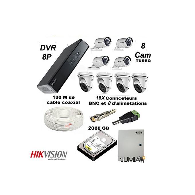 Hikvision Pack Complet de 8 caméras de Système de Surveillance : DVR 8 voies Turbo HD + 2000 GB + 8 Caméras + Bloc d'alimentation + 12 Connecteurs BNC & DC