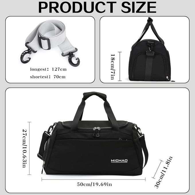 Grand Sac De Voyage En Cuir Véritable Noir – 65x35 Cm – Sport, Gym, Marin – Unisexe