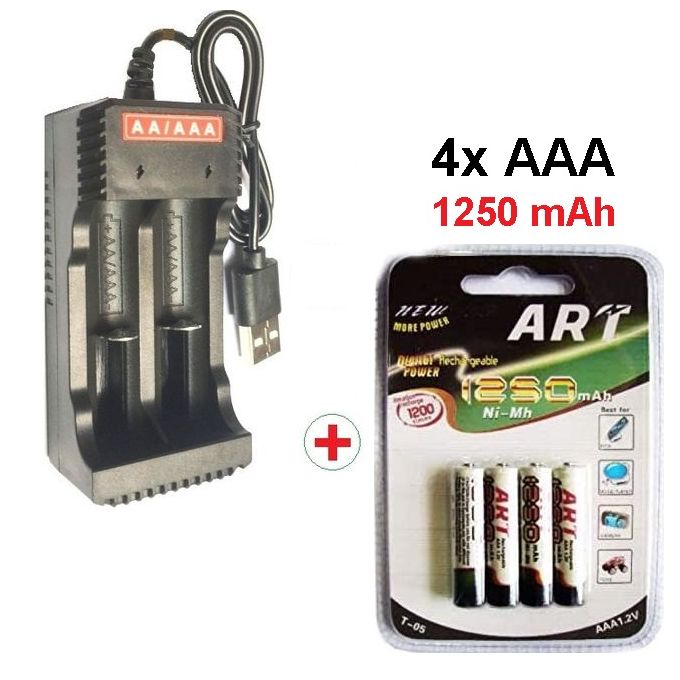 4 Piles Rechargeable AAA 1250 mAh Nimh + Chargeur Usb Batterie 2x