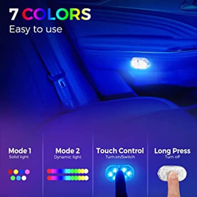 2 PCS Voiture LED Lumières Intérieur, 7 Couleurs Ambiance