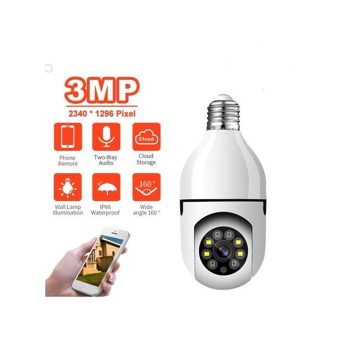 3MP PTZ Wifi IP Mini Camera E27 Bulb Security Surveillance Smart Home Monitoring CCTV LED IR Light