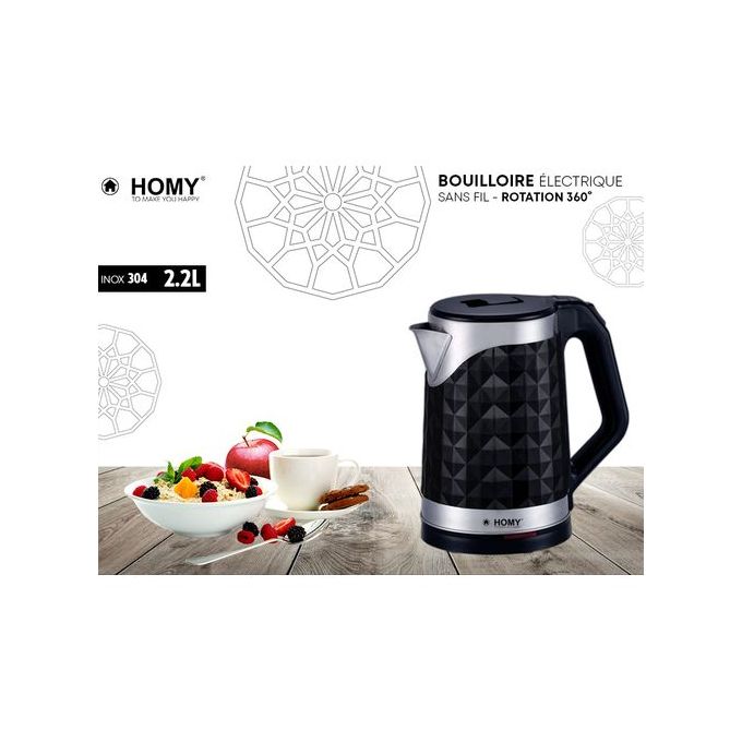 Homy Bouilloire Electrique Gd.Md 2.2L Design Diamant Corps INOX - Noir