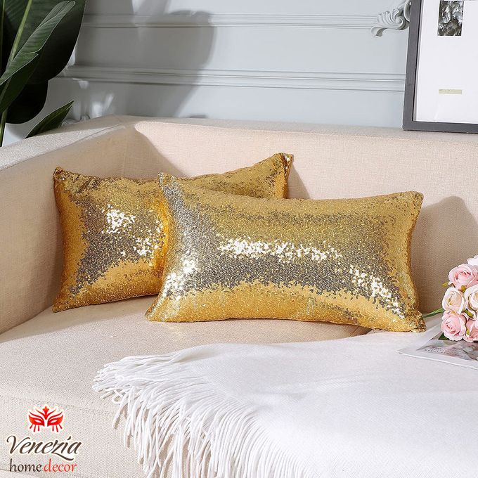 Venezia Housse de Coussin Paillettes Satin Taie d'oreiller Sequin pour la  Décoratif (45 x 45 cm) ( D'or ) à prix pas cher