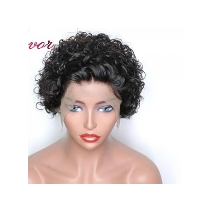 Generic Perruque cheveux humains boucles , courte coupe pixie en noir