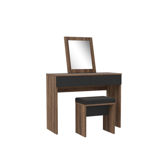 Kitea Coiffeuse BELLEVUE + Miroir + Tabouret - Chêne /  Marron / Noir