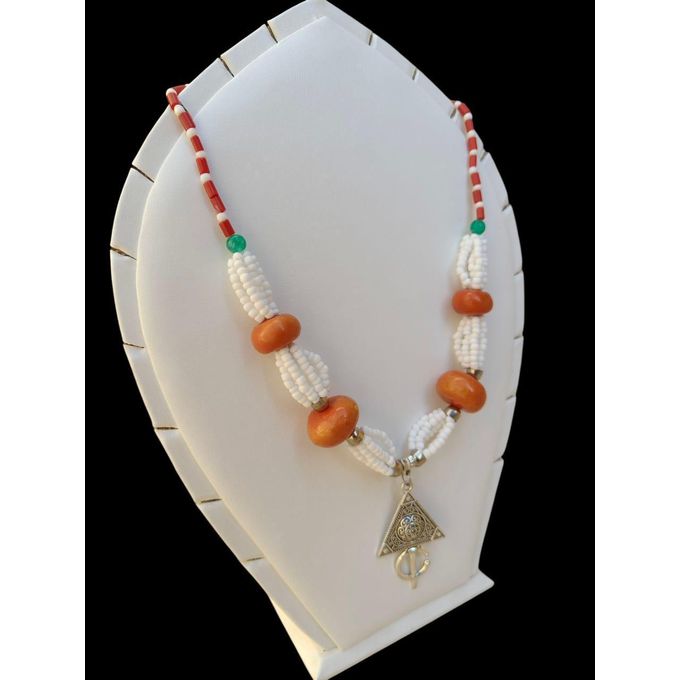 Collier En Perles D'argile Pour Femme Peint D'émaux Fait Main Avec Ruban Blanc