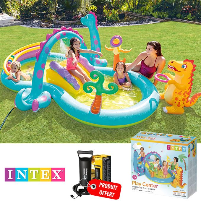 Intex Aire de jeux Piscine gonflable Dinoland avec Toboggan et d'un jet d'eau + Gonfleur Offert