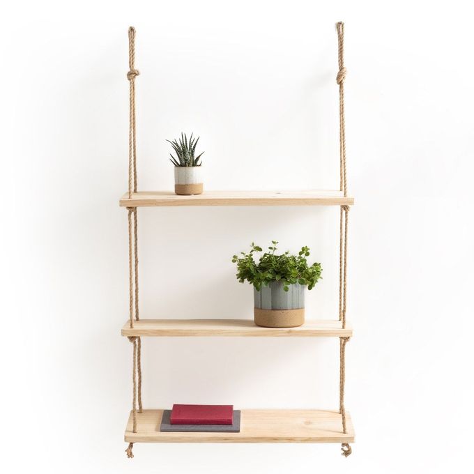 Etagère murale en bois suspendue en corde 3 niveaux