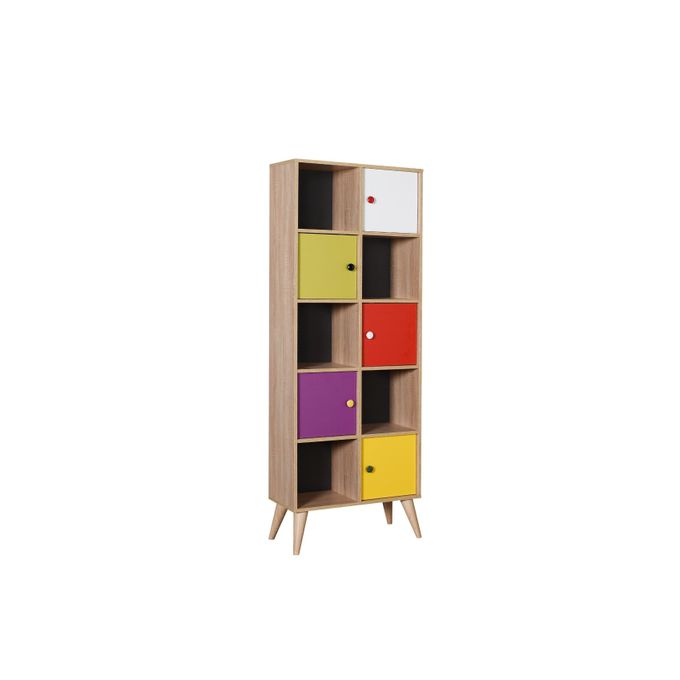 Kitea Bibliothèque RAINBOW 5 Portes + 5 Niches - Chêne / Multicouleur