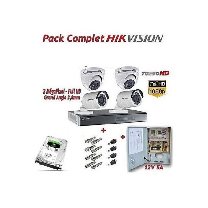 Hikvision Pack Complet Pour Système de Surveillance  DVR 4voies Turbo HD +Disque dure + 4 Caméras (2Bullets 2dômes) + Bloc d'alimentation 12V5A + Connecteurs BNC & DC