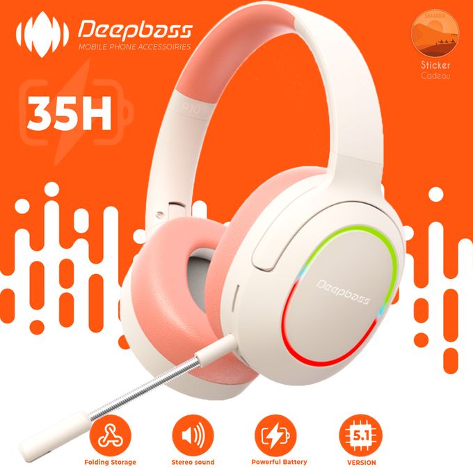 Deep Bass Casque Gamer Sans fil bluetooth Beige casque PC 7.1 son