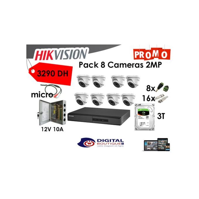 Hikvision Pack Professionnel  Complet  DVR 8ch + 8 Camera Dome + Disque dur 3T + Micro + Alimentation 10A + Fiches 8 DC & 16BNC