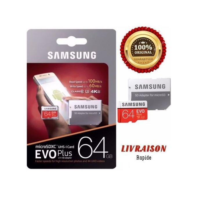 Samsung Carte mémoire 64Go Evo Plus Micro SD Classe 10 avec adaptateur SD vitesse de lecture 100MB/s