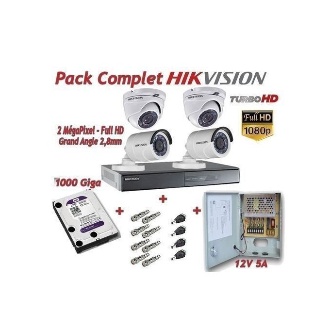 Hikvision Pack Complet DVR 4voies Turbo HD +Disque dure 1 to+ 4 Caméras (2Bullets 2dômes) + Bloc d'alimentation 12V5A + Connecteurs BNC & DC