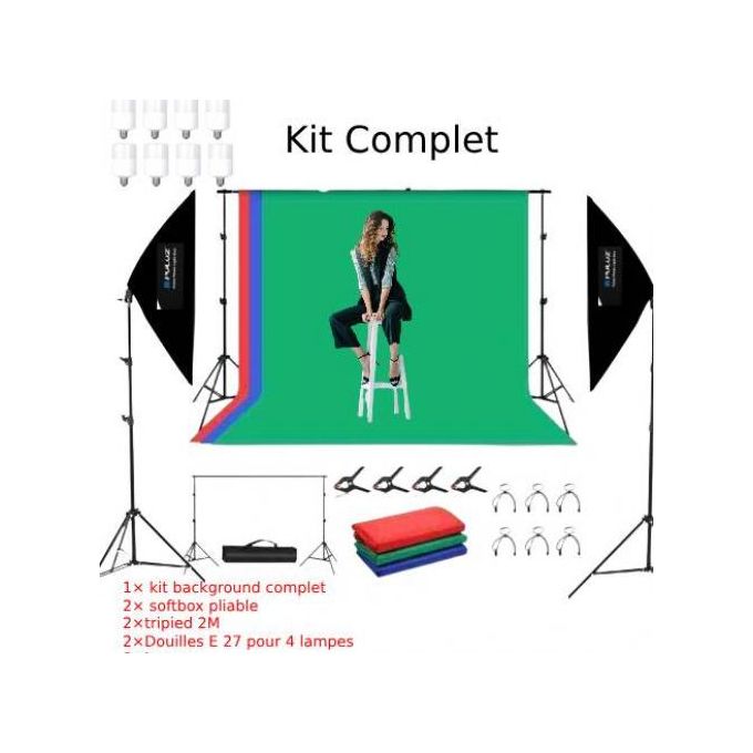 Puluz Kit studio 2 Softbox 50x70cm ,8 lampes, Background studio photographie video 3 couleurs rouge/bleu/vert Background