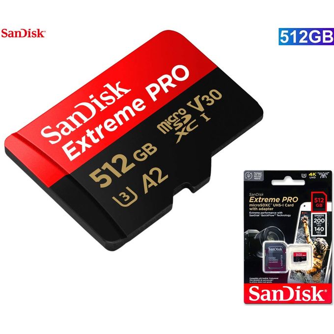 Carte Mémoire microSDXC SanDisk Extreme PRO 512 Go + Adaptateur SD avec  Performances Applicatives A2 jusqu'à 200 Mo/s, Classe 10, U3, V30