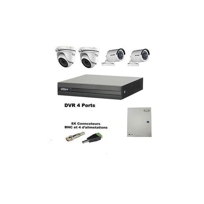 Hikvision Pack videosurveillance de DVR et 4 Caméras 2MP + Bloc 4 + Fiche