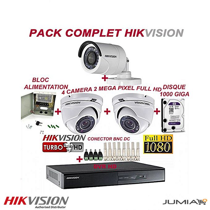 Hikvision Pack Complet Vidéo Surveillance  DVR 4 HD +Disque dure 1 to+ 3 Caméras (1Bullets 2dômes) + d'alimentation + Connecteurs BNC & DC
