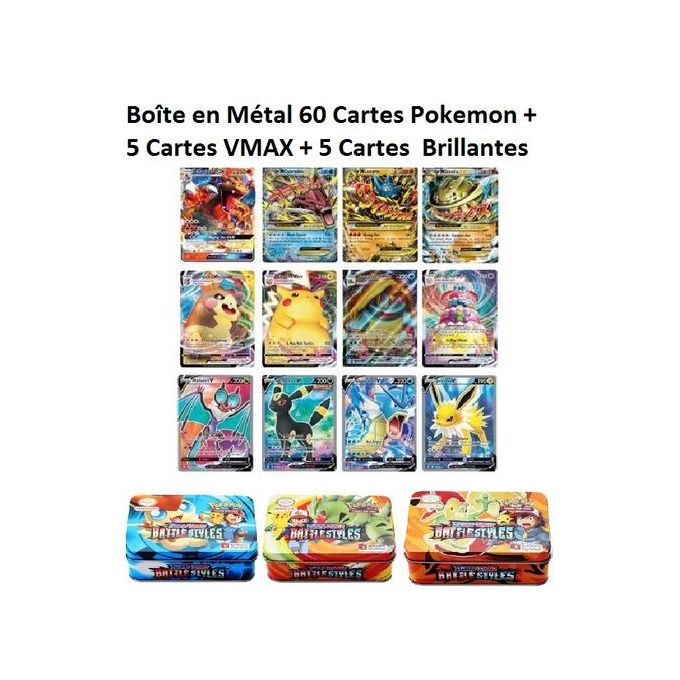 Generic Boîte en Métal 60 Cartes Pokemon + 5 Cartes VMAX + 5 Cartes  Brillantes à prix pas cher