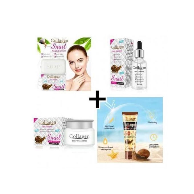 Collagen pack 4 pièces snail sérum savon soap anti-âge rides écran solaire blanchiment de la peaux