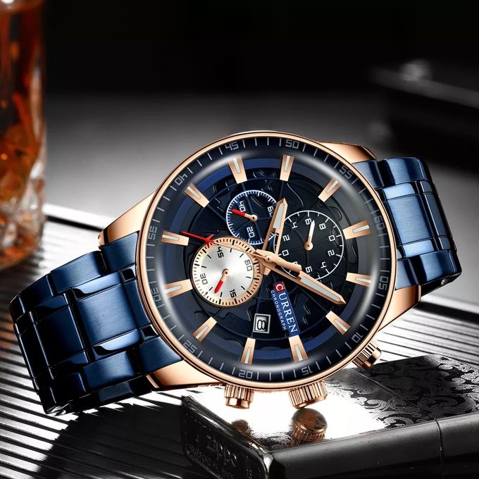 montre curren en acier inoxydable bleu chronographe sport