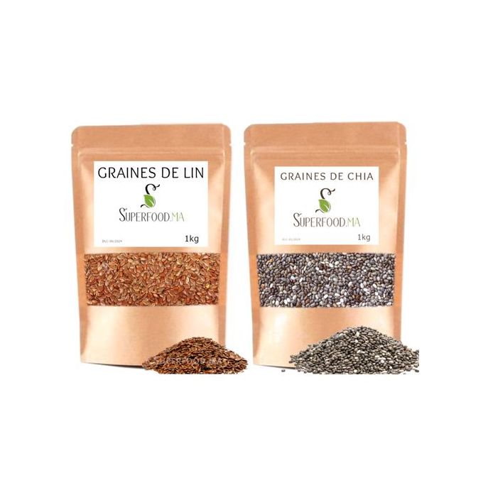 PACK 1kg Graines de Chia + 1kg Graines de Lin Sans gluten Omega 3 et fibres