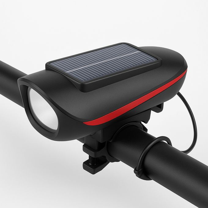 Lampe Vélo Avant Rechargeable USB & Solaire - Klaxon Intégré - Pour Cyclisme Nuit, Scooter, VTT