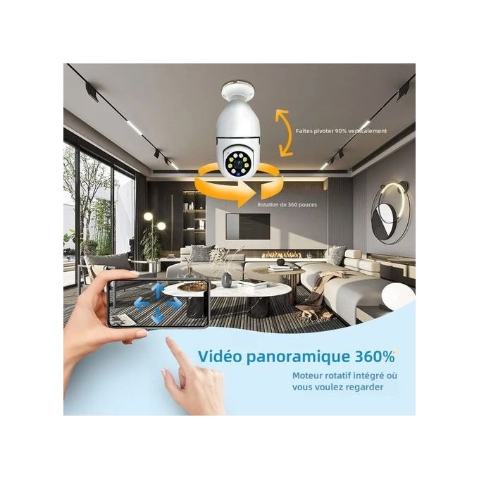 camera de surveillance wifi, lampe camera PTZ 1080P rotation 360 E27