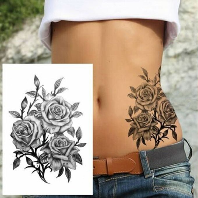 Faux tatouage autocollants fleurs noir temporaire étanche cuisse corps poitrine tatouage
