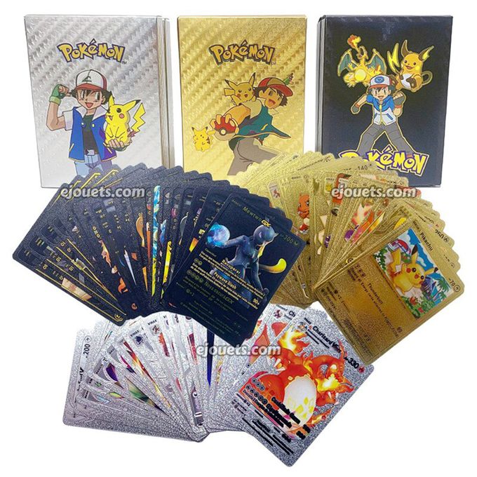 Pokemon 30 Cartes Pokemon en Plastic doré noir et Argent, Pikachu Charizard  Vmax GX