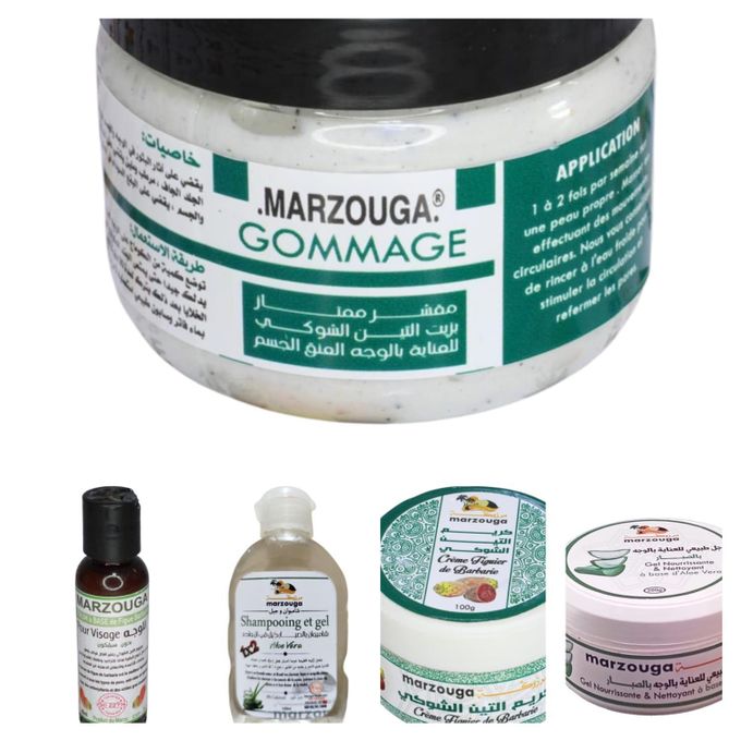 Marzouga Crème + Gommage + Sérum +  Gel d'aloe Véra+ shampoing de figue de barbarie avec un corbeille