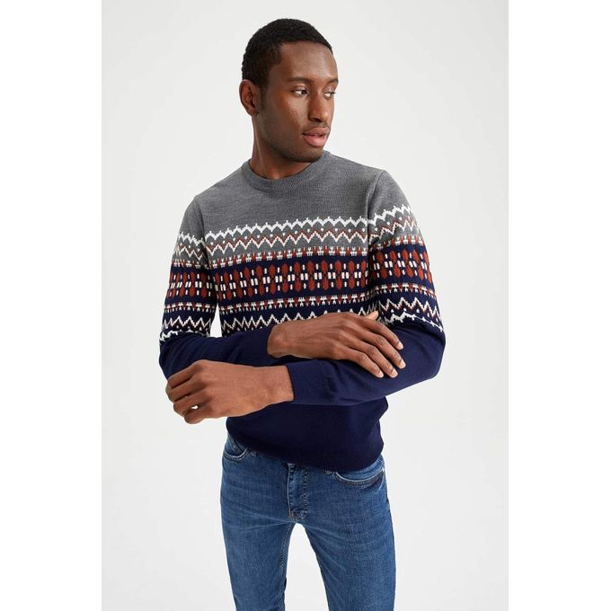 Defacto Regular Fit Crew Neck Patterned Knitwear Sweater