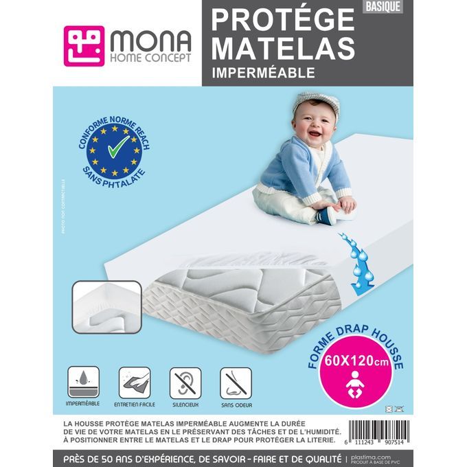 Mona Housse protège matelas imperméable norme européenne - 60*120 cm -  Blanc à prix pas cher