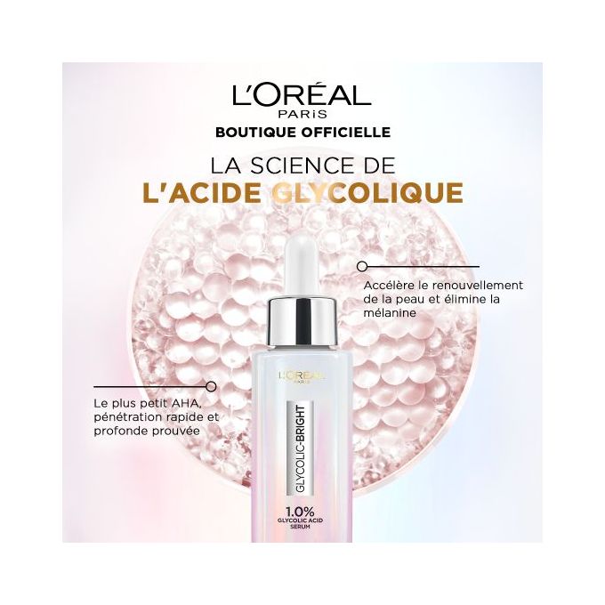 Sérum Visage Glycolic-Bright 1% d'Acide Glycolique pour une peau éclatante  et uniforme - 30 ml - L'Oréal Paris - MaxiBeauty