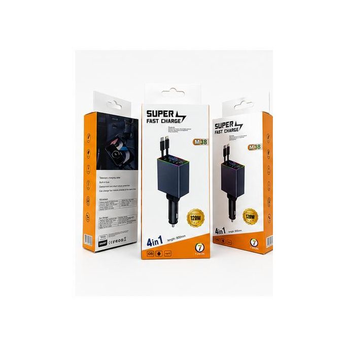 Chargeur Voiture 4-en-1 Rétractable M38 120W Allume-Cigare Câbles iPhone + Type-C 80cm