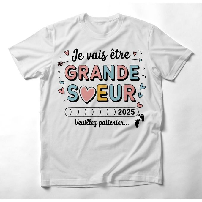 T-shirt "Je Vais être Grande Sœur 2025" - Cadeau Annonce Grossesse Pour Petite Fille, 100% Coton, Coupe Classique