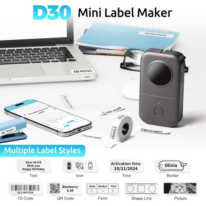 ELZO Imprimante D'étiquettes Bluetooth – Avec 6 étiquettes, Compatible Smartphone (app Fun Print) Et PC – Pour Organisation Maison Et Petite Entreprise