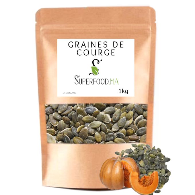 superfood.ma GRAINE DE COURGE CRUES, SECHÉES, DECORTIQUÉES Riches en  Magnesium 1kg à prix pas cher