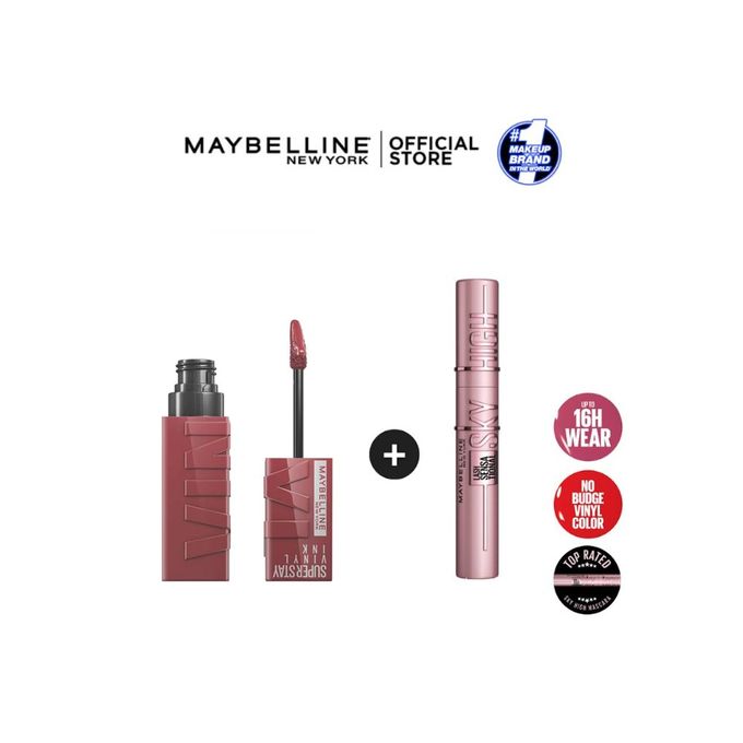Maybelline Pack – SUPERSTAY VINYL Ink Gloss sans transfert longue durée 40 Witty + Mascara Sky High