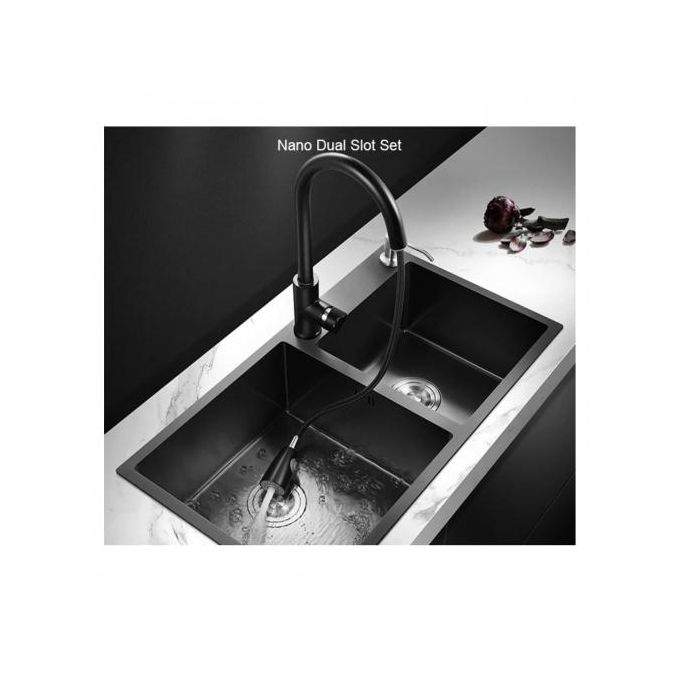 SM Evier Lavabo de Cuisine Double fait main noir 3mm 72x39Cm à