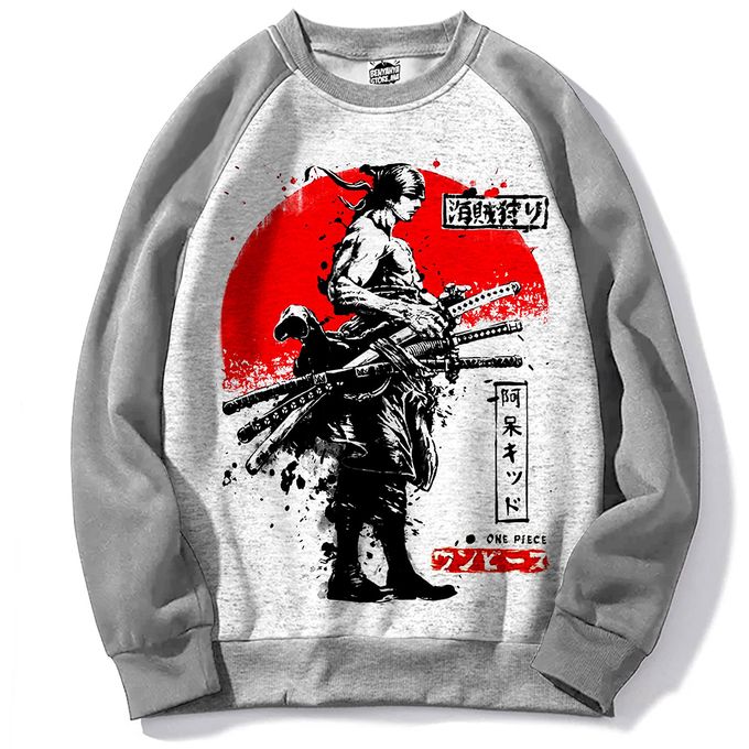 BENYAHYA STORE Pull Raglan Sweatshirt Anime One Piece - Zoro Red Moon - Manga Otaku