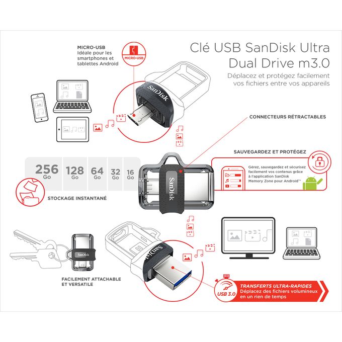 Clé USB SanDisk Ultra m3.0 double connectique micro-USB et USB 3.0 - 64 Go  (SDDD3-064G-G46) prix Maroc