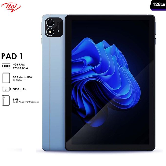 Itel tablette Pad1 4G 10.1"-128GB 4GB RAM 6000mAh, Android12 5MP + 8MP Pochette+ Screen-Light blue