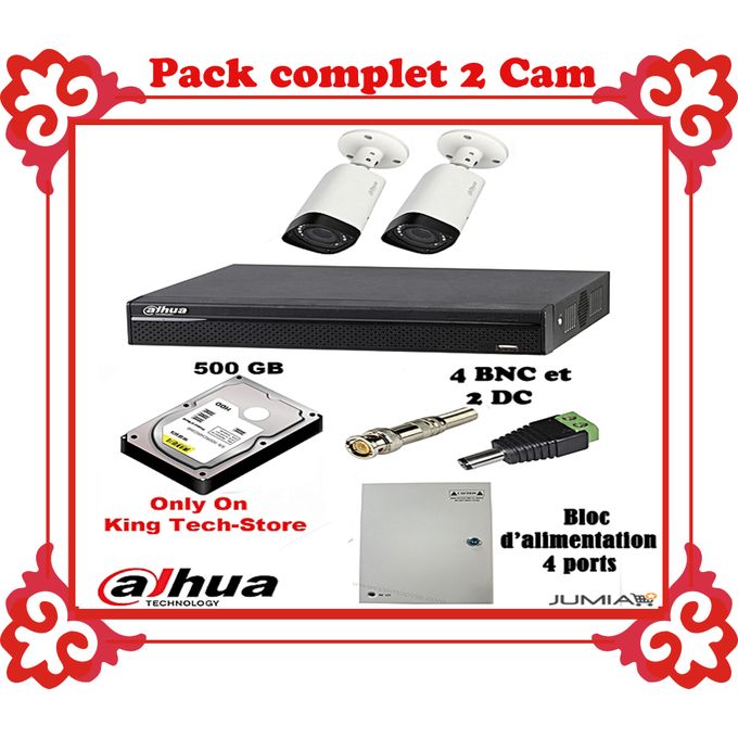 Dahua Kit vidéosurveillance Complet 2 Cam : XVR DVR 4ports + 2 caméras 2MP d'extérieur HD+ Disque Dur 500GB + Bloc d'Alimentation et les Connecteurs BNC et DC