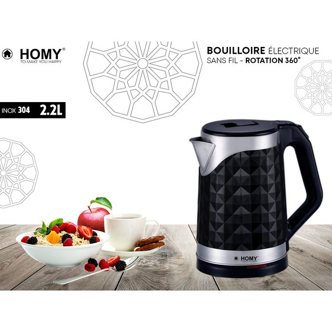 Homy Bouilloire Electrique Gd.Md 2.2L Design Diamant Corps INOX - Noir